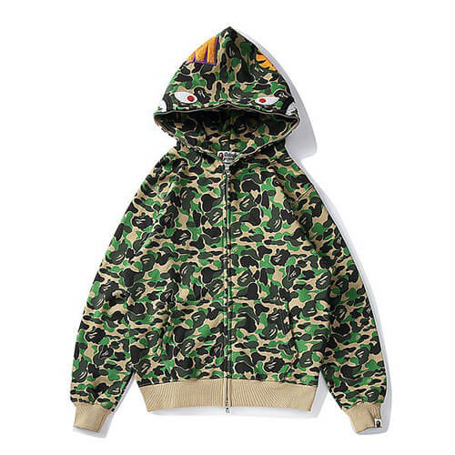 BAPE 新款 迷彩鯊魚外套男女情侶拉鍊開衫連帽衛衣 綠色