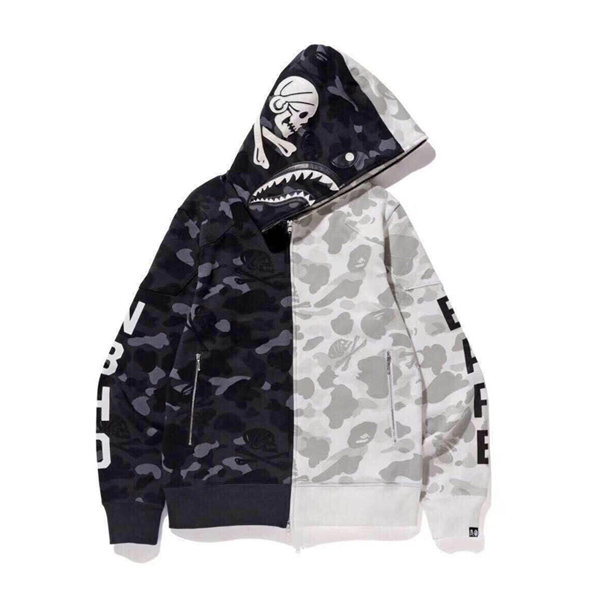 BAPE x NBHD 聯名款 鯊魚外套 拼接迷彩 X-BONE陰陽骷髏 男女情侶開衫連帽衛衣