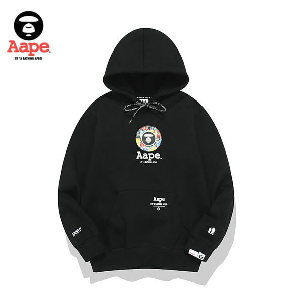 %E9%B1%B7%E9%AD%9A0 - Aape 經典小LOGO秋冬猿人頭字母刺繡休閑連帽加絨衛衣 男女同款 黑色#品質嚴選