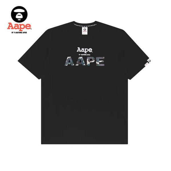 Aape 迷彩Logo印花休閒圓領 情侶裝 短袖T恤 黑色