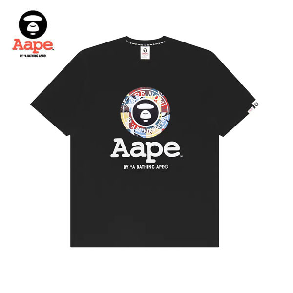 Aape 款潮牌猿顏字母印花 休閒圓領 短袖T恤 男女同款 黑色